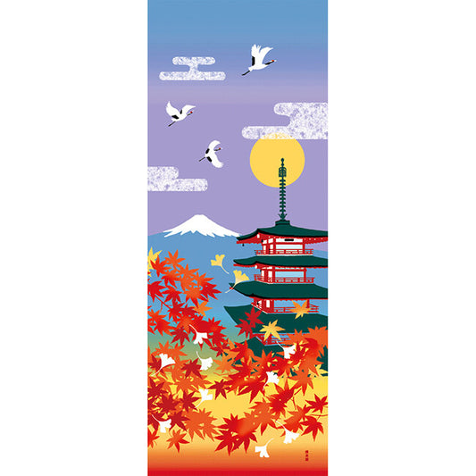 Japanese Tenugui Mt.Fuji & Chureito Pagoda - Red Maple Leaves version