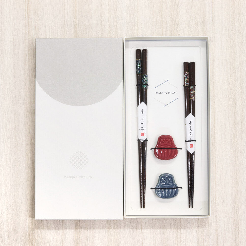 Japanese Wooden Chopsticks Set with Mother-of-Pearl & Daruma Ceramic Rests 